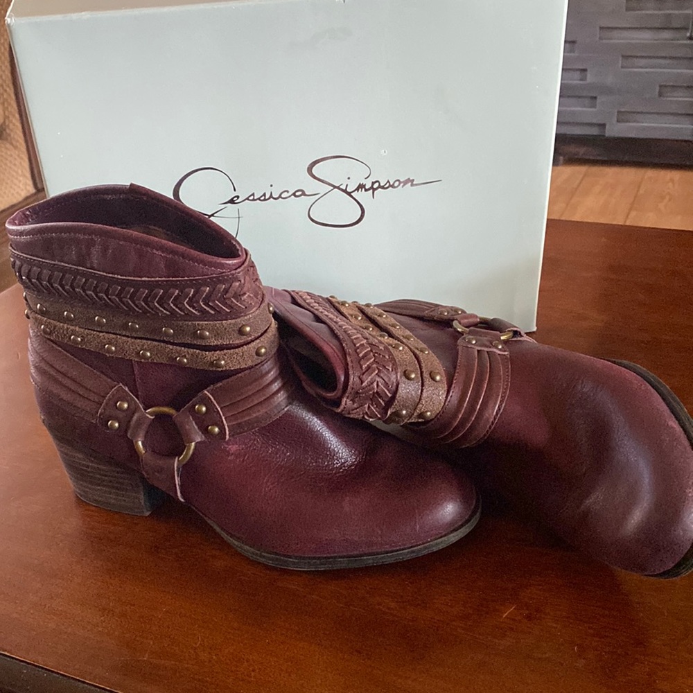 Jessica Simpson Currie Shadow Whisper Leather Studded Harness Moto Boots